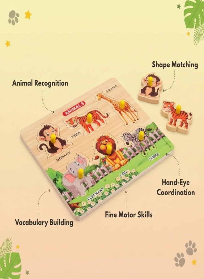BuGBee Wooden Wild Animals Peg Puzzle for Kids | Animal Learning Board with Easy Grip Knobs | Educational Wooden Puzzle Toy for Toddlers 2 3 4 5+ Years - Image 3
